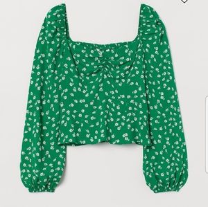 Green Puffy-Sleeve Floral Print Blouse